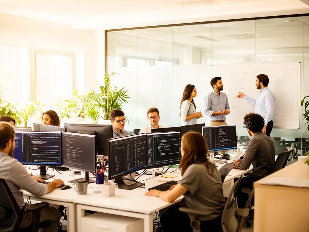 Diverse team of software engineers collaborating in a modern tech office